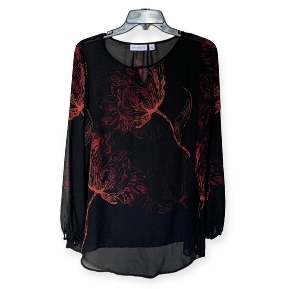 Susan Graver Placement Print Sheer Chiffon Black with Red Tunic with Keyhole - 6 - Picture 2 of 10